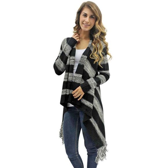 Black & Gray Stripe Fringed Sweater Jacket - Picture 2 of 4